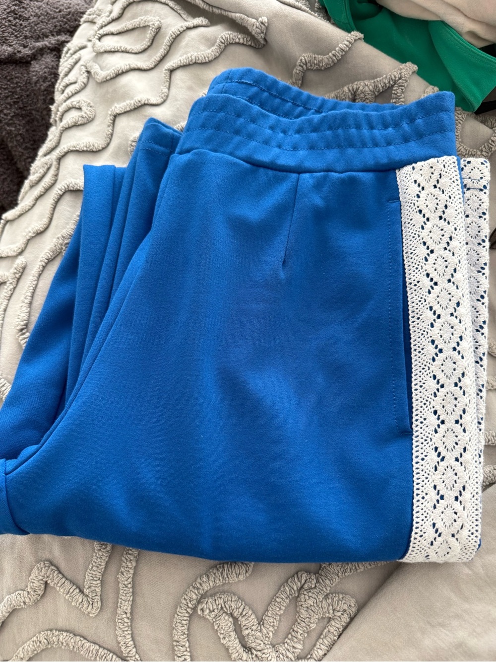 The Upside Blue Track Joggers with White Lace Side Trim Anthropologie